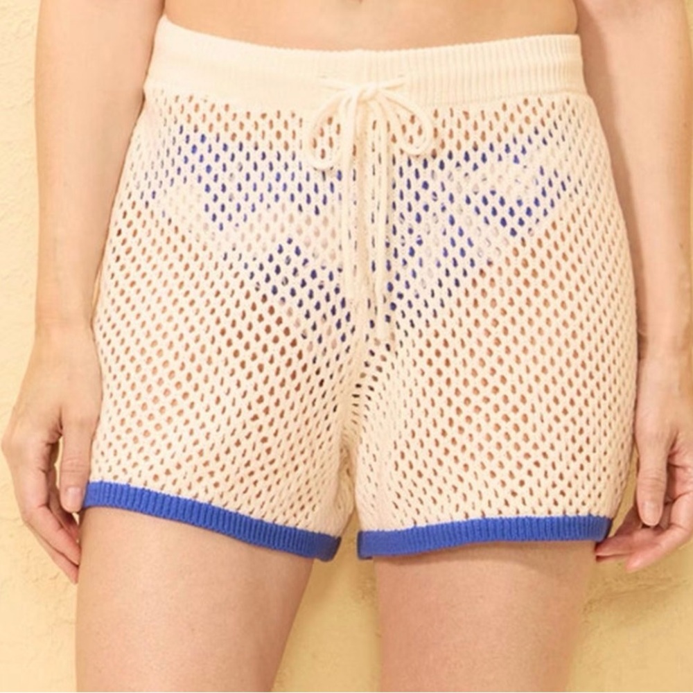 Cream Crochet Shorts with Blue Trim